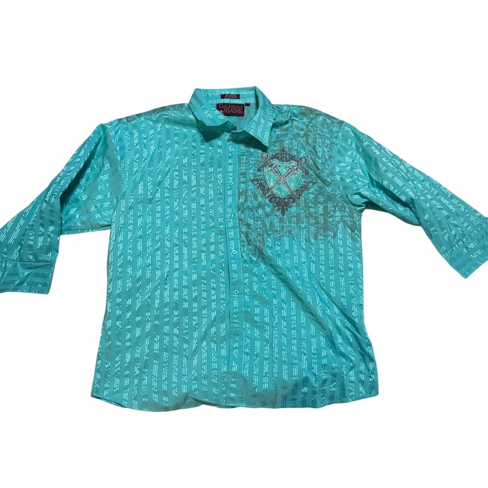 Danesi Jeans Men's Button Down Shirt Long Sleeve Turquoise‎ Embellished 2XL
